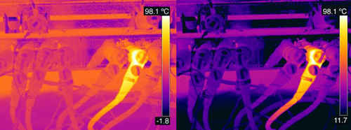 在FLIR Thermal Studio Suite中适当调节电平和跨度有助于突出显示发生故障的设备